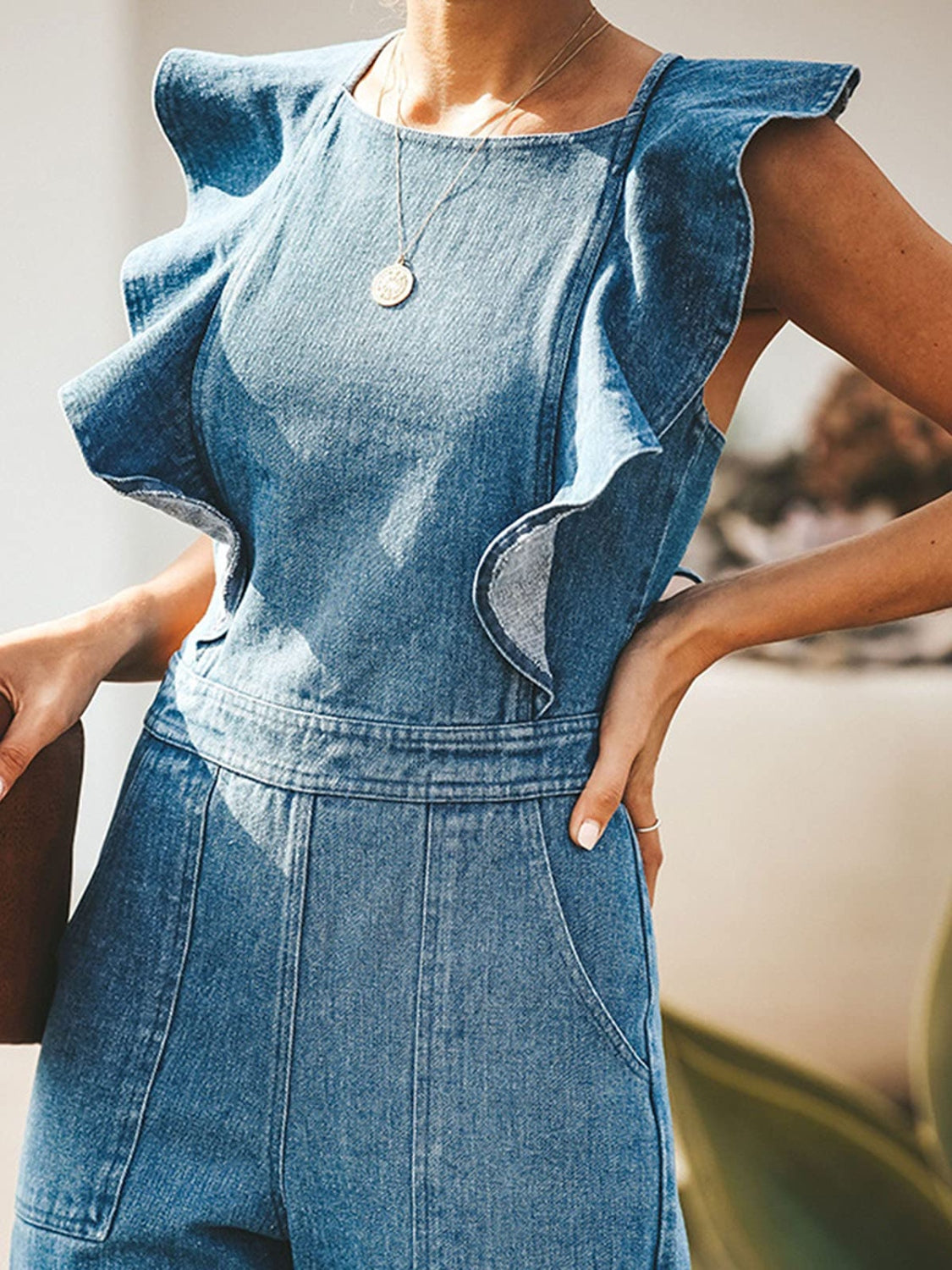 Hazel Blues® | Ruffled Backless Sleeveless Denim Jumpsuit