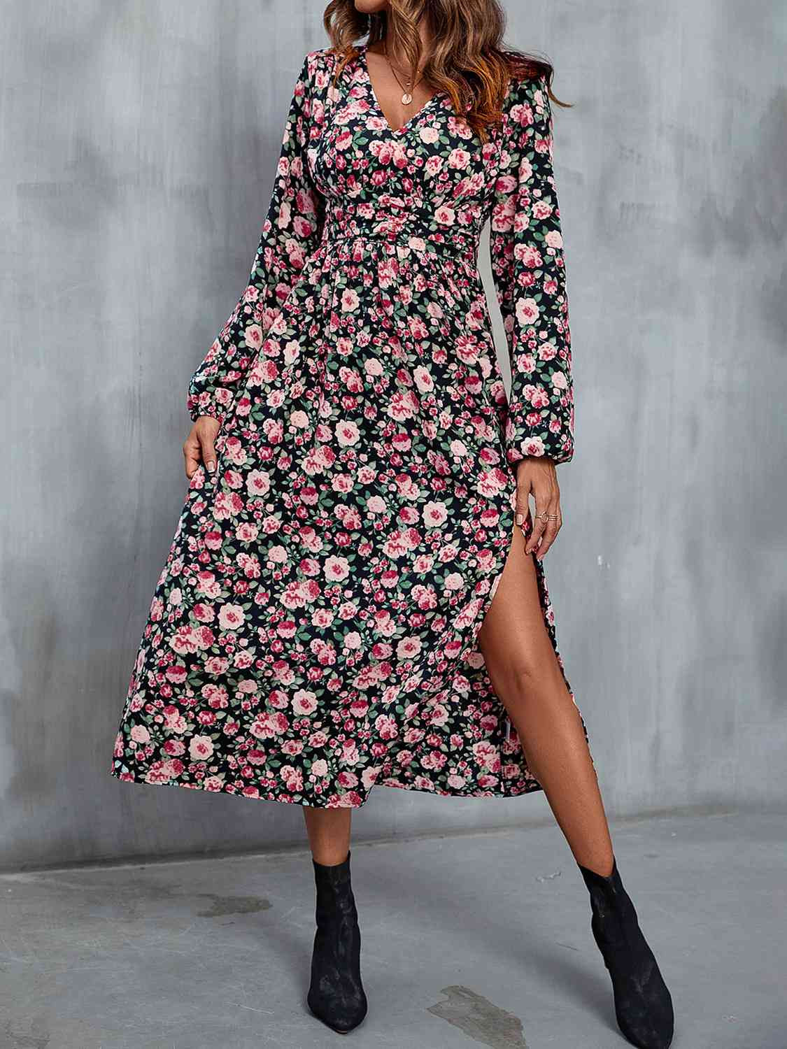 Hazel Blues® | Floral V-Neck Slit Midi Dress