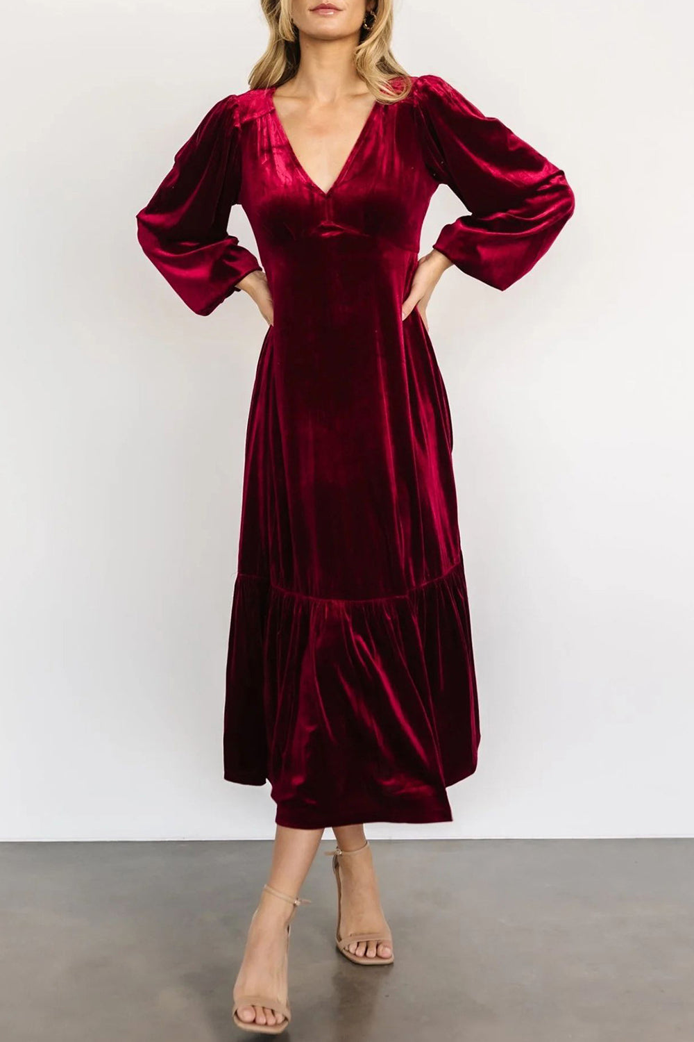Hazel Blues® | V-Neck Long Sleeve Midi Velvet Dress