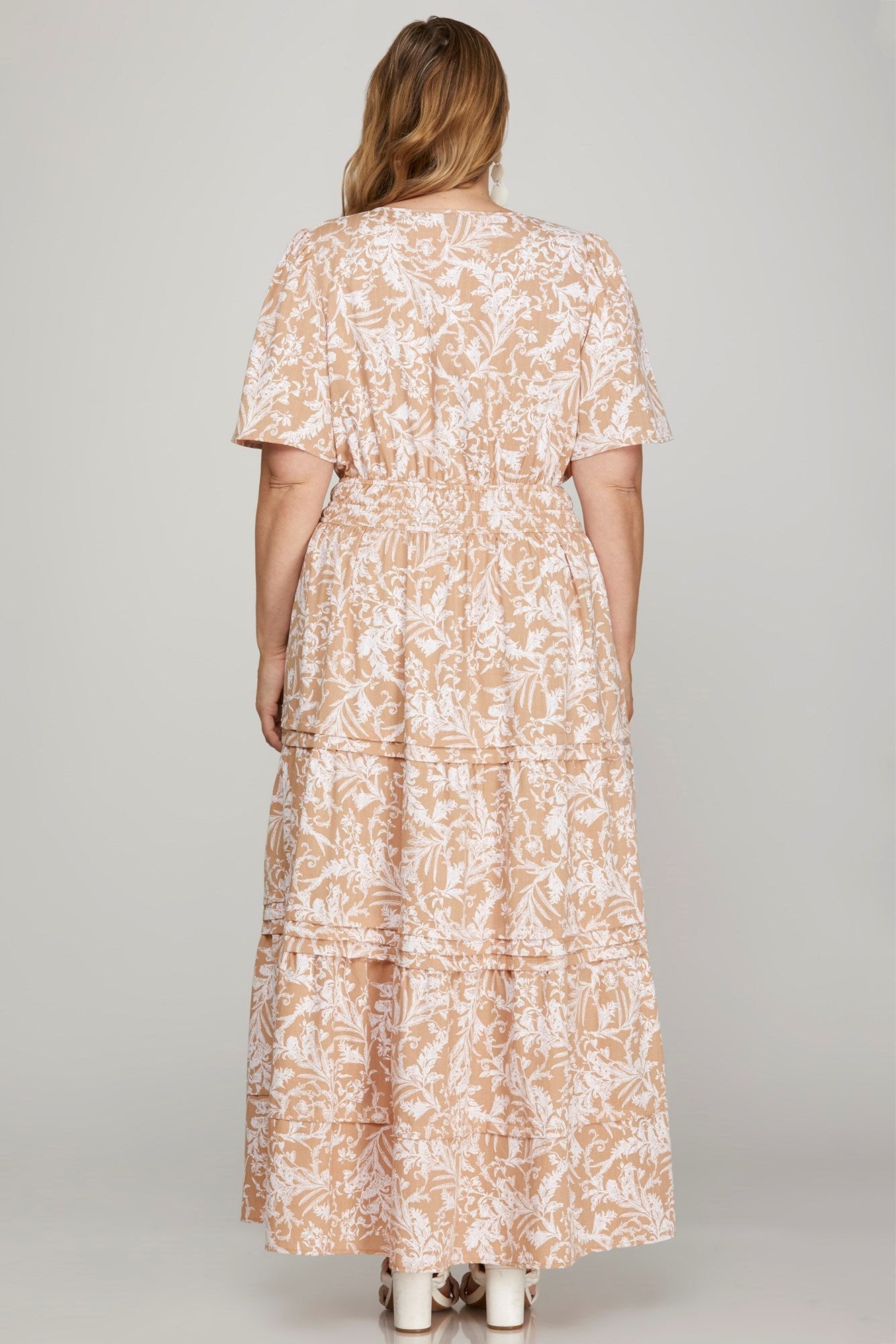 Hazel Blues® | She + Sky Printed Notched Woven Tiered Pintuck Maxi Dress with Side Pockets