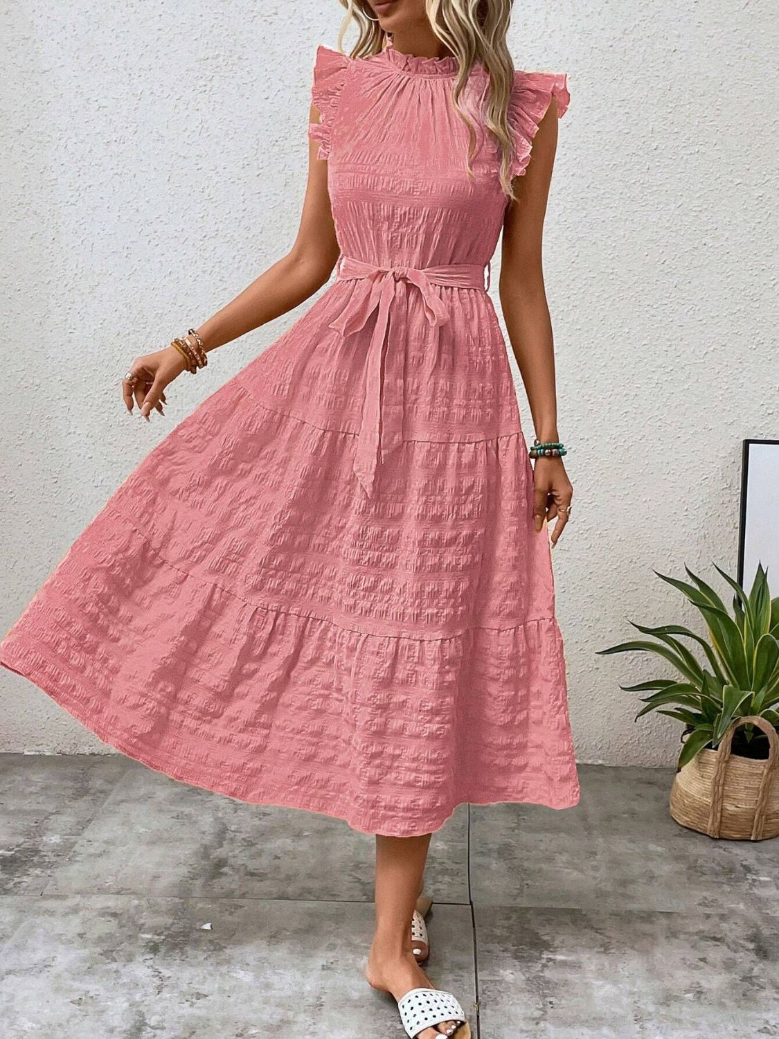 Hazel Blues® | Tied Ruffled Cap Sleeve Midi Dress