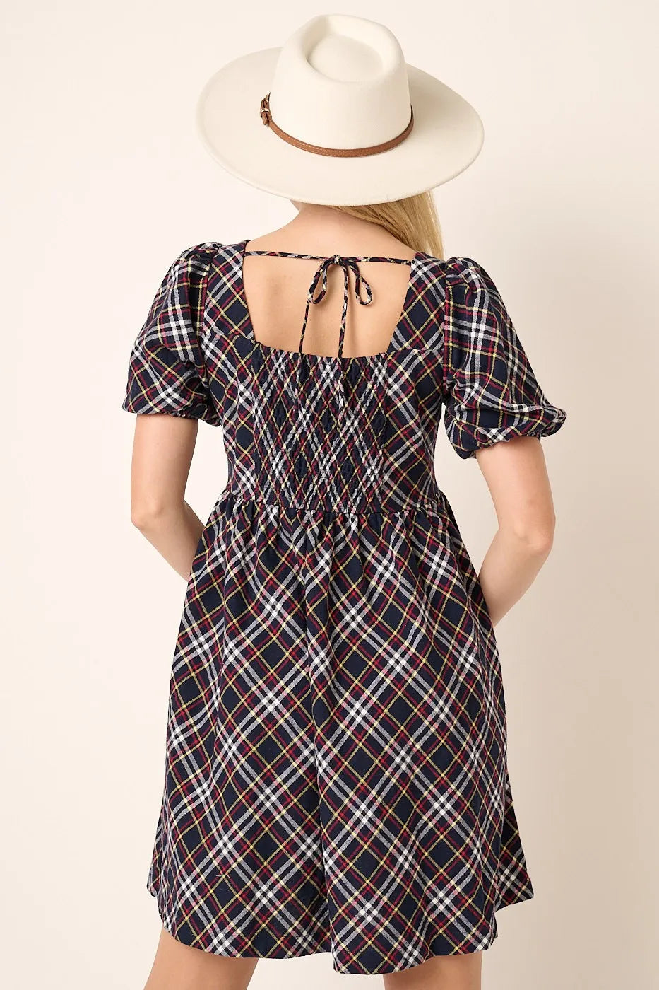 Hazel Blues® | Mittoshop Checkered Print Puff Sleeve Babydoll Mini Dress