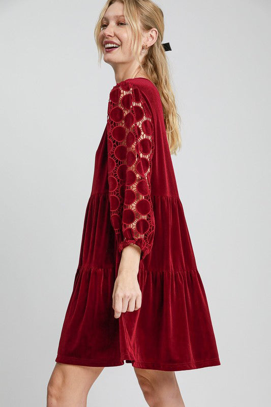 Hazel Blues® | Umgee Dotted Lace Sleeve Tiered Velvet Mini Dress