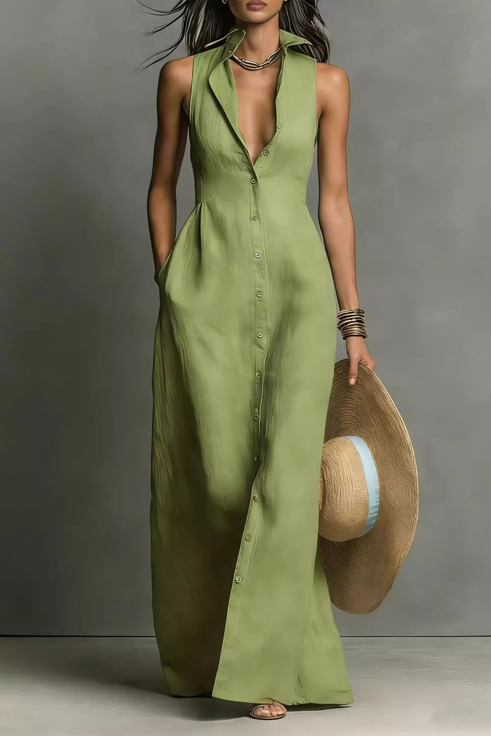 Hazel Blues® | Sleeveless Button-Down Maxi Dress