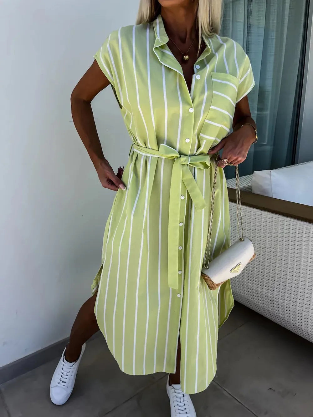 Hazel Blues® | Striped Tie Waist Short Sleeve Dress