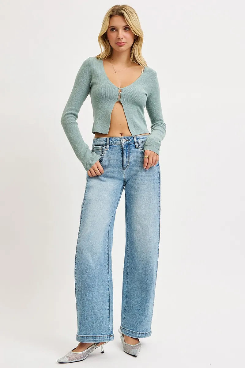 Hazel Blues® | RISEN Mid Rise Wide Barrel Transferable Leg Snap Jeans