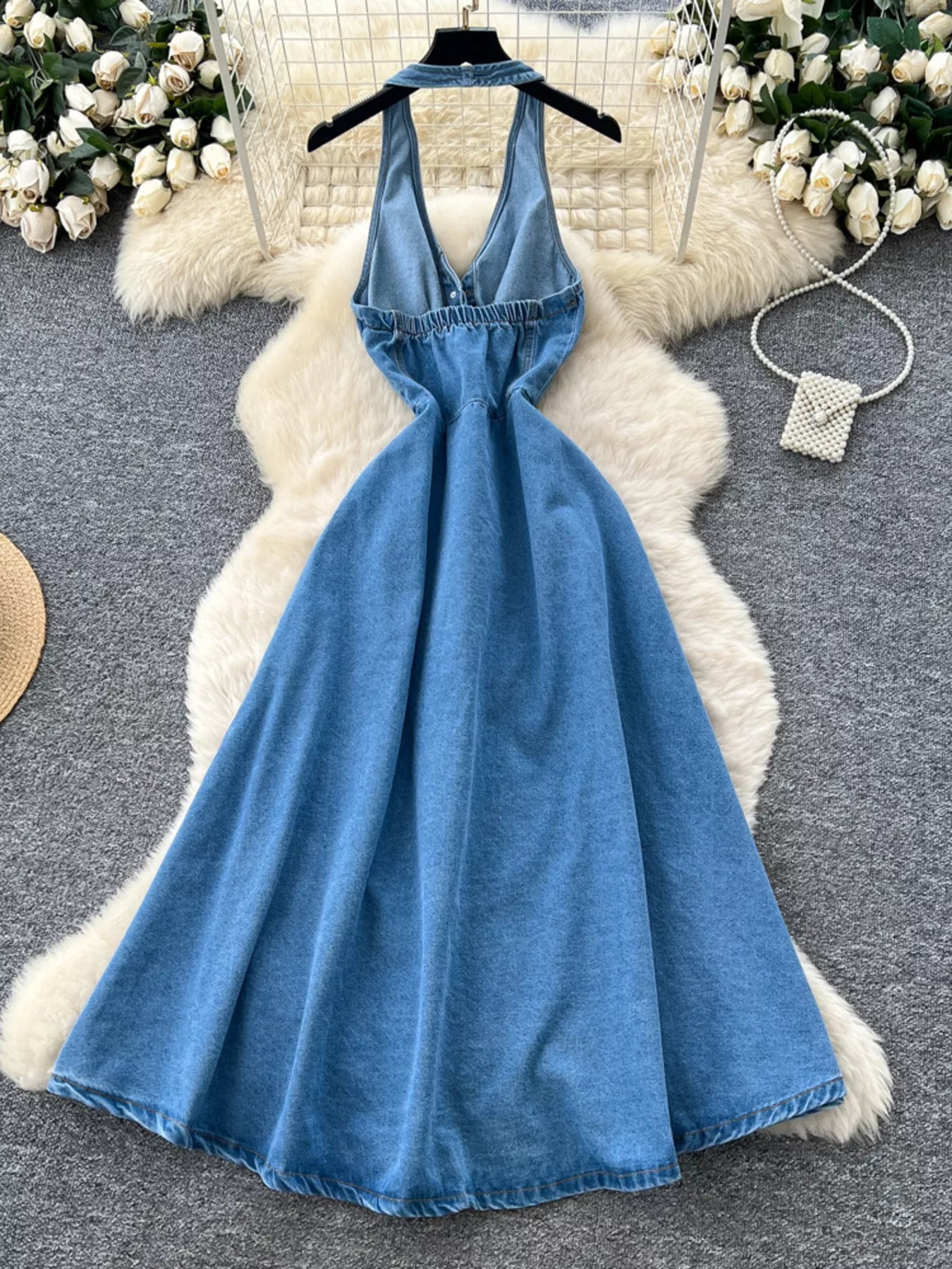 Hazel Blues® | Halter Neck Button-Down Denim Dress