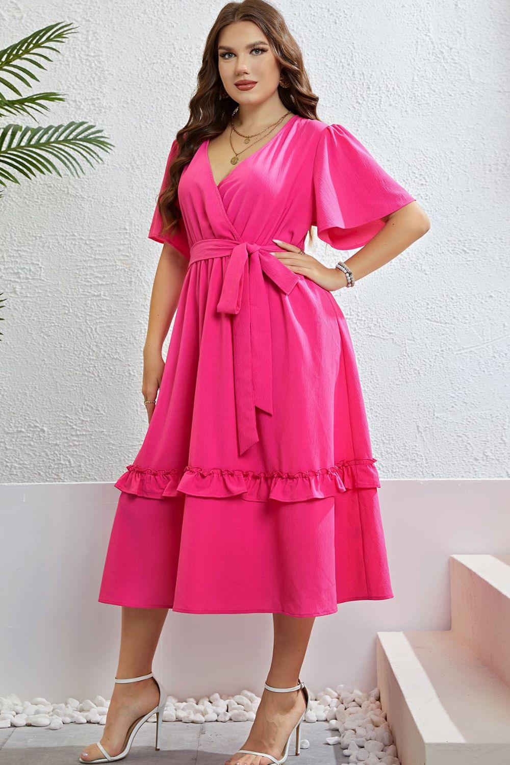 Hazel Blues® | Belted Frill Trim Flutter Sleeve Dress