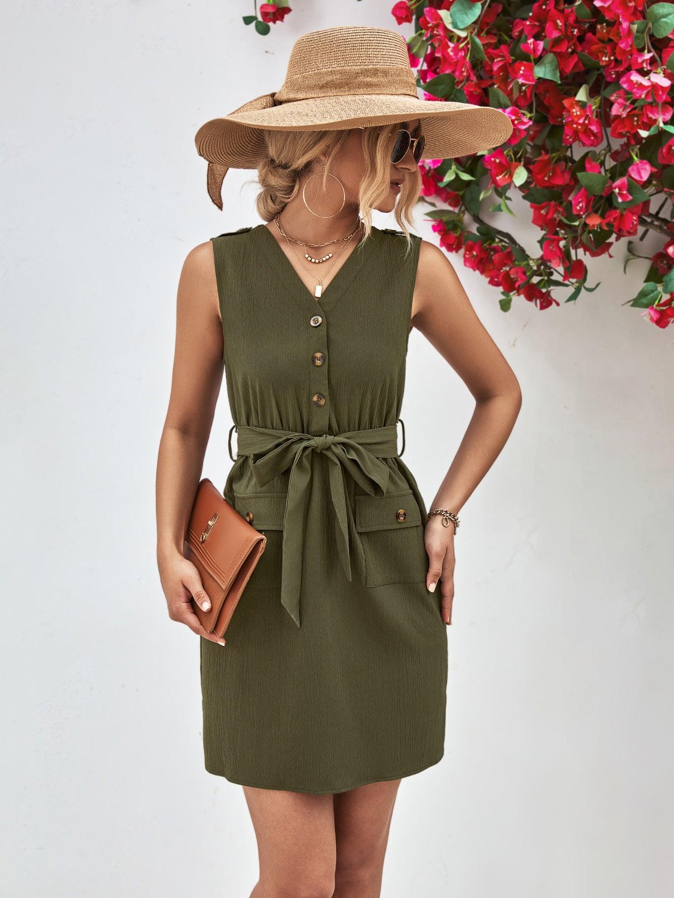 Hazel Blues® | Buttoned V-Neck Belted Sleeveless Dress
