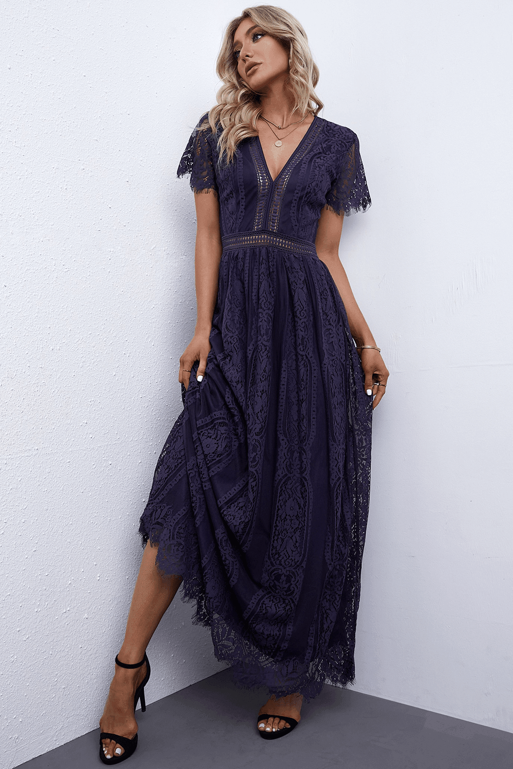 Hazel Blues® | Scalloped Trim Lace Plunge Dress