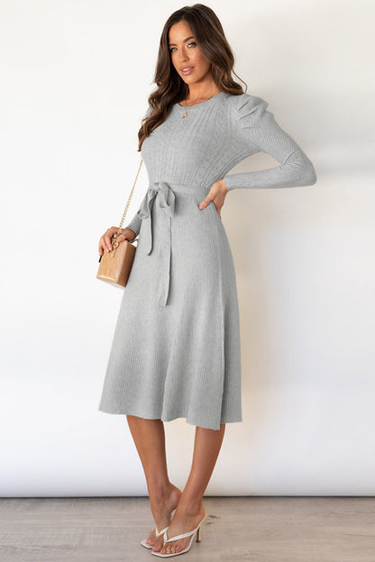 Hazel Blues® |  Round Neck Long Sleeve Tie Waist Sweater Dress