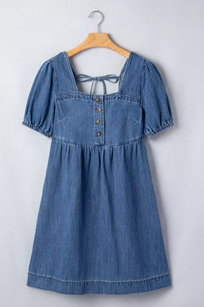 Hazel Blues® |  Button-Front Puff Sleeve Denim Dress
