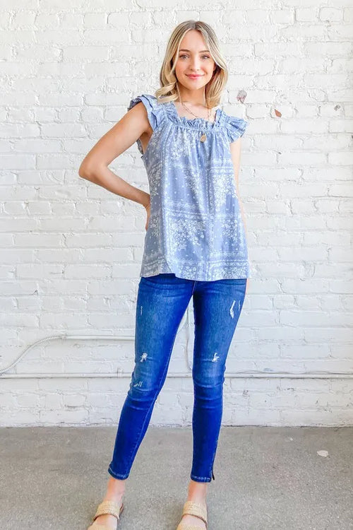 Hazel Blues® |  And The Why Boho Print Rayon Linen Ruffle Baby Doll Tank Top