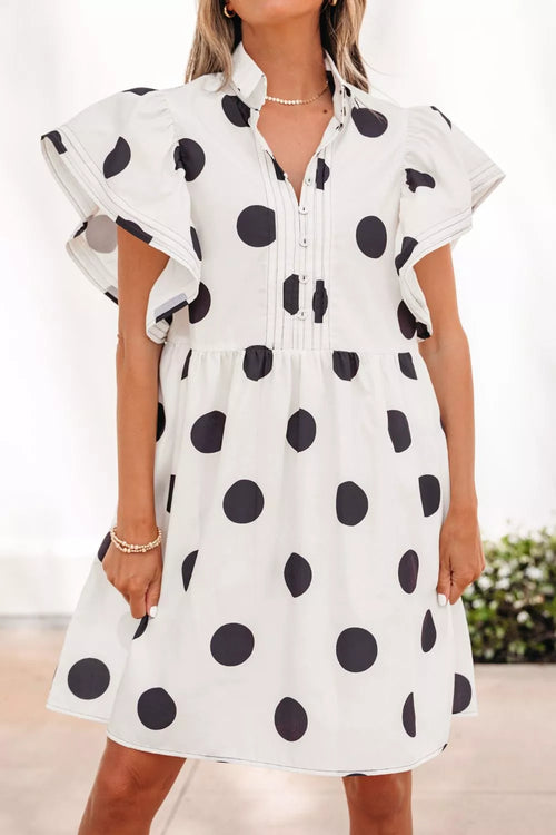 Hazel Blues® |  Polka Dot Print Half Button Ruffled Short Sleeve Loose Mini Dress
