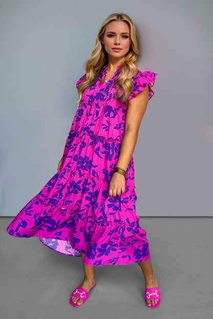 Hazel Blues® |  Oh Ruffled Printed Notched Cap Sleeve Midi Dress