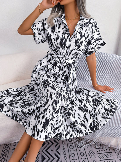 Hazel Blues® |  Printed Collared Neck Short Sleeve Tie Waist Dress