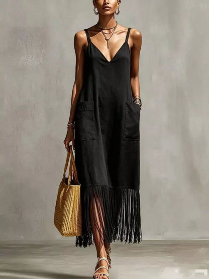 Hazel Blues® | Fringe V-Neck Spaghetti Strap Dress
