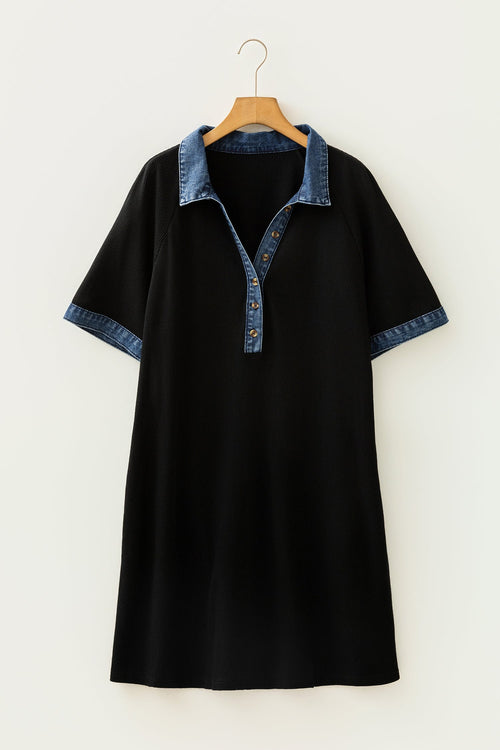 Hazel Blues® | Black Colorblock Denim Collar Short Sleeve Shift Dress