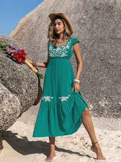 Hazel Blues® |  Embroidered Square Neck Cap Sleeve Dress