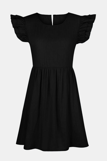 Hazel Blues® |  Ruffled Round Neck Cap Sleeve Denim Dress