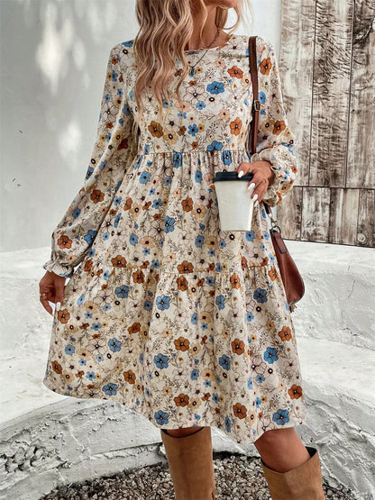 Hazel Blues® |  Floral Print Ruffle Hem Long Sleeve Casual Dress