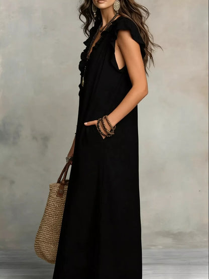Hazel Blues® | Ruffled V-Neck Cap Sleeve Maxi Dress
