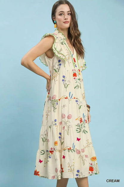 Hazel Blues® |  Umgee Floral Ruffle Tiered Midi Dress with Scalloped Detail
