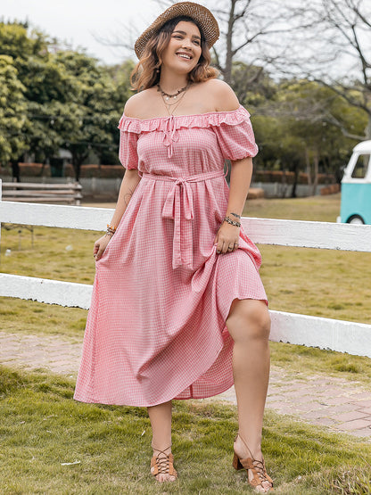 Hazel Blues® | Plaid Off-Shoulder Short Sleeve Midi Dress