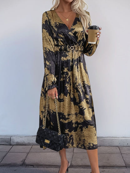 Hazel Blues® |  Perfee Printed Surplice Long Sleeve Midi Dress