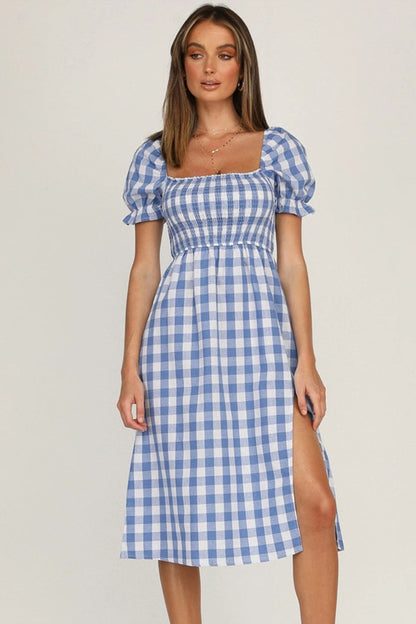 Hazel Blues® |  Slit Plaid Short Sleeve Midi Dress