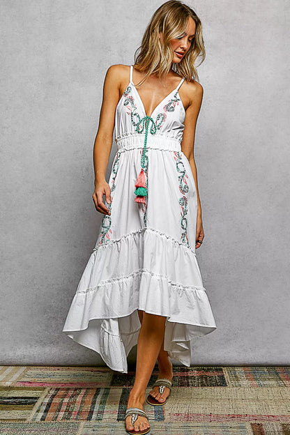 Hazel Blues® |  POL Embroidered Detail Tassel Tie Smocked Waist Midi Tiered Cami Dress