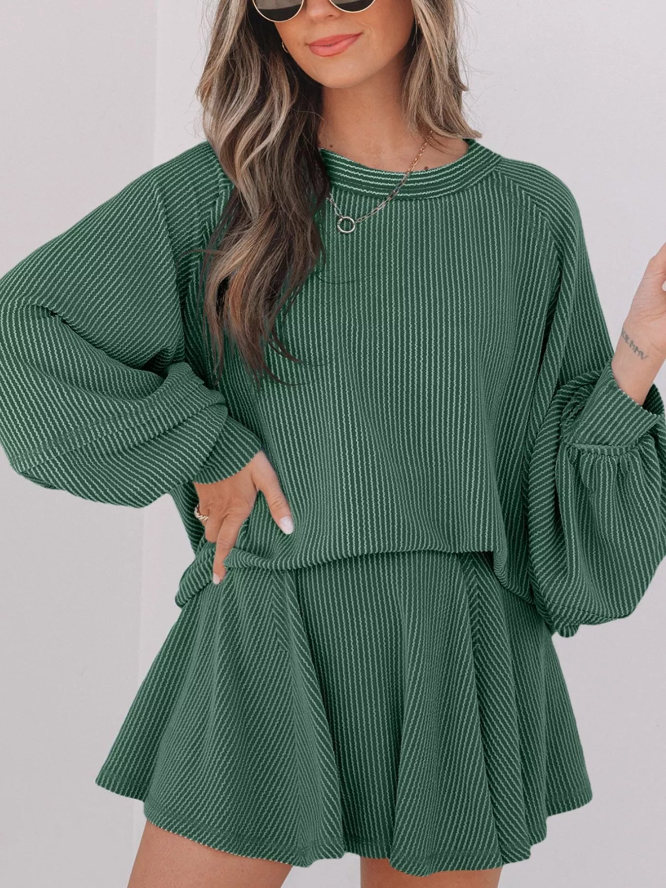 Hazel Blues® |  Corded Lantern Sleeve Top and High Waist Mini Skirt Set