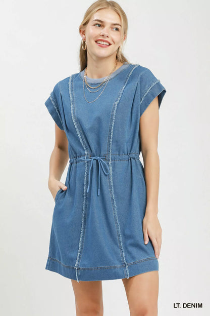 Hazel Blues® |  Umgee Drawstring Waist Frayed Denim Mini Dress
