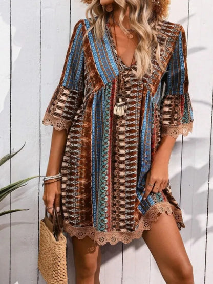 Hazel Blues® |  Lace Trim Printed V-Neck 3/4 Sleeve Dress