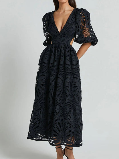 Hazel Blues® |  Cutout Back Lace Crochet V-Neck Dress