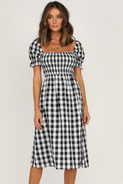Hazel Blues® |  Slit Plaid Short Sleeve Midi Dress