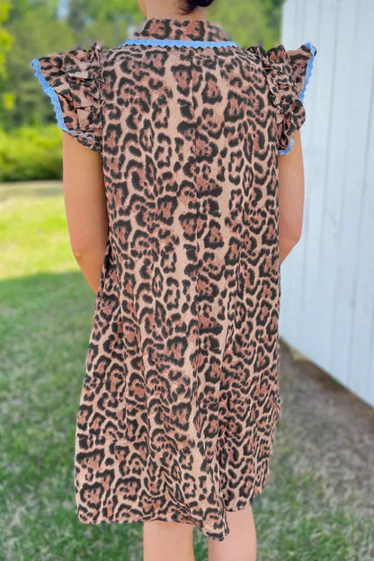 Hazel Blues® |  Leopard Print Lace Trim Shirt Collar Button Down Loose Mini Dress