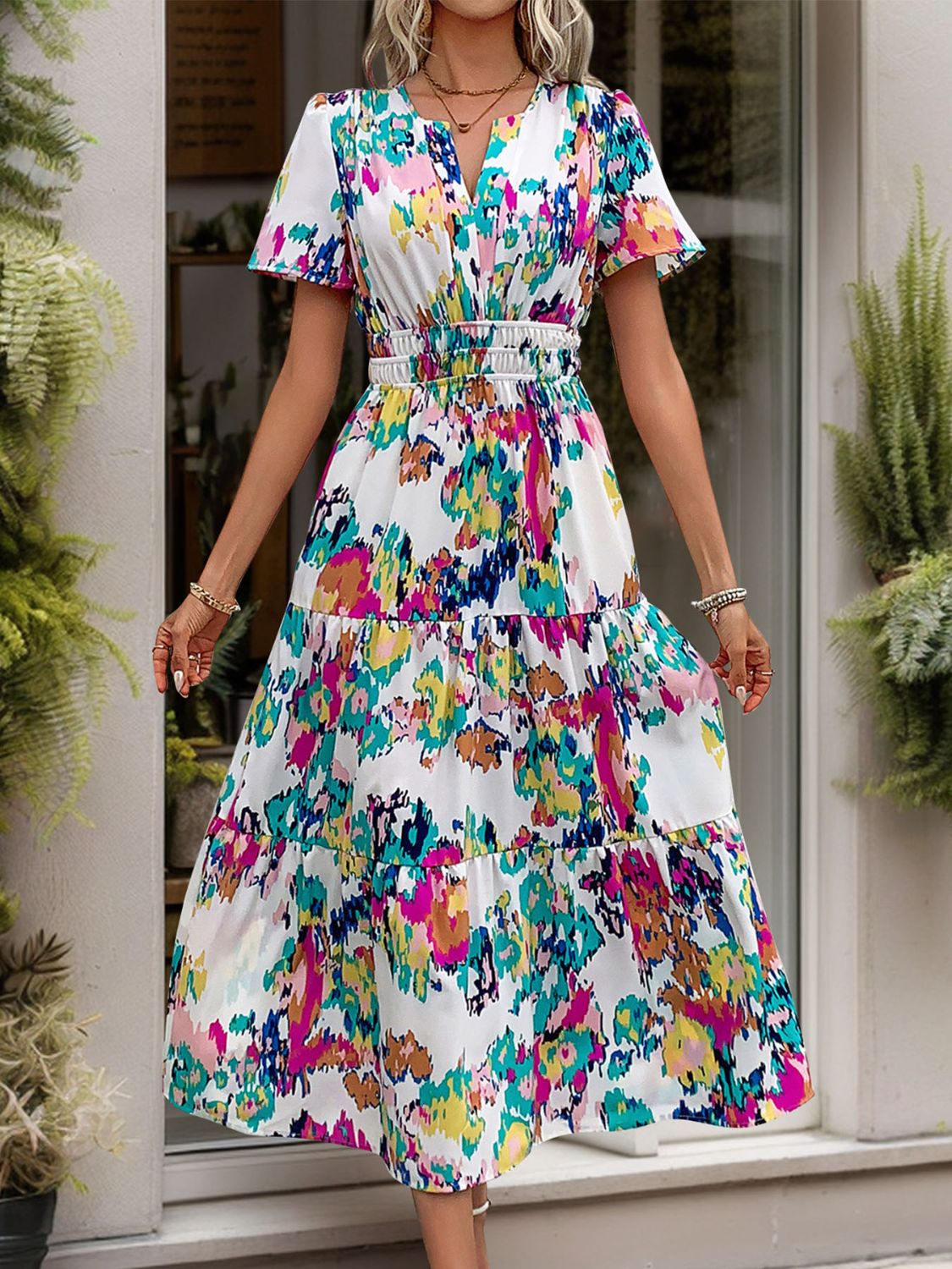 Hazel Blues® |  Printed Notched Short Sleeve Midi Dress