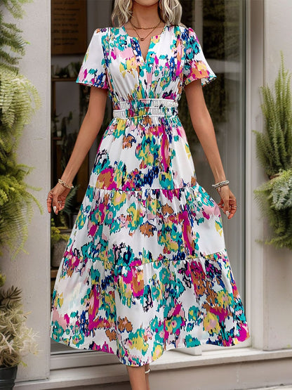 Hazel Blues® |  Printed Notched Short Sleeve Midi Dress