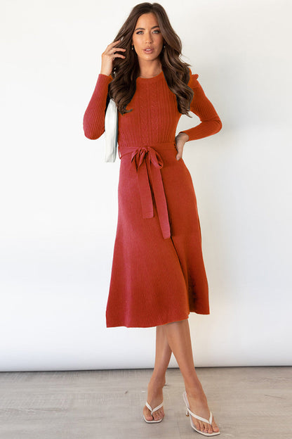 Hazel Blues® |  Round Neck Long Sleeve Tie Waist Sweater Dress