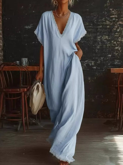 Hazel Blues® | Lace Trim V-Neck Maxi Dress