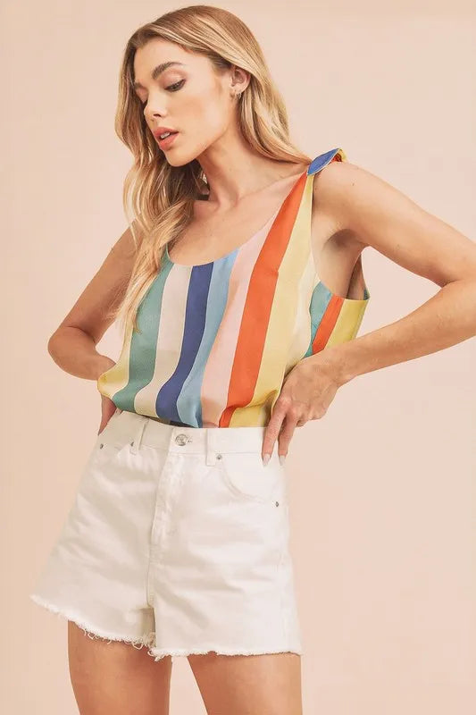 Hazel Blues® |  Aemi + Co Contrast Striped Scoop Neck Tie Shoulder Tank
