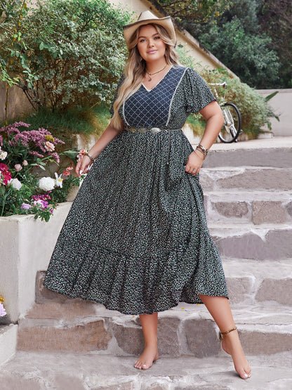 Hazel Blues® | Printed V-Neck Flutter Sleeve Midi Dress