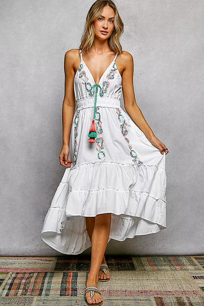 Hazel Blues® |  POL Embroidered Detail Tassel Tie Smocked Waist Midi Tiered Cami Dress