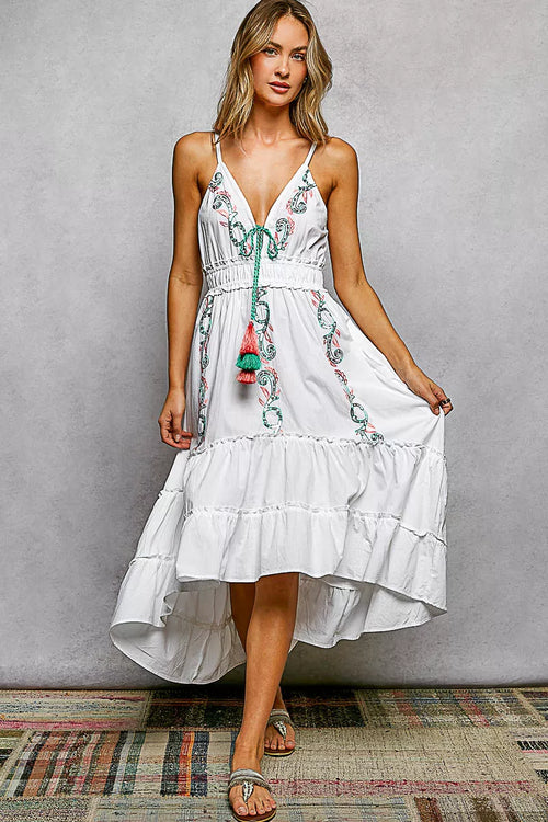 Hazel Blues® |  POL Embroidered Detail Tassel Tie Smocked Waist Midi Tiered Cami Dress