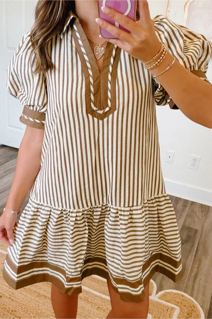 Hazel Blues® |  Brown Stripe Shirt Collar Color Block Patchwork Trim Ruffle Hem Short Dress