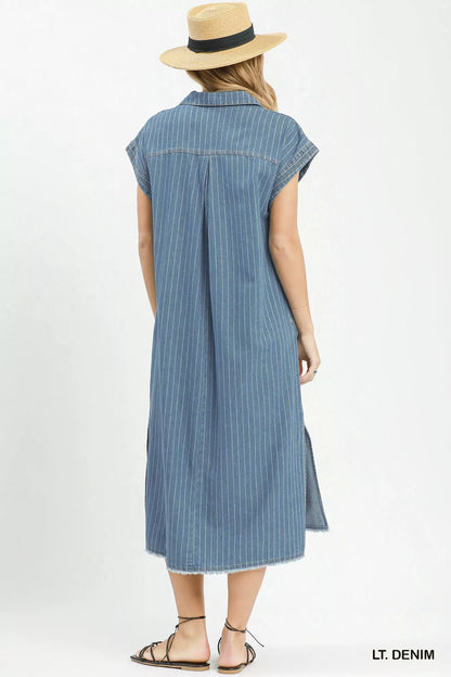 Hazel Blues® |  Umgee Pinstripe Denim Collared Midi Dress with Side Slits