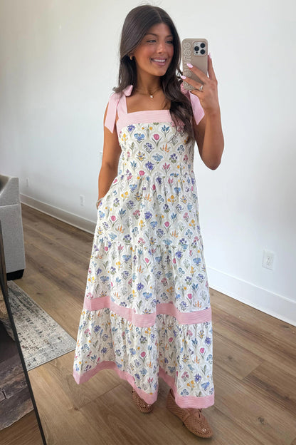 Hazel Blues® |  Multicolour Floral Print Striped Detail Knot Straps Maxi Dress