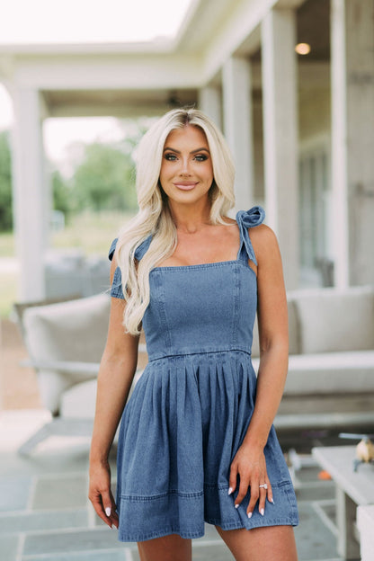 Hazel Blues® |  Square Neck Tie Shoulder Denim Dress