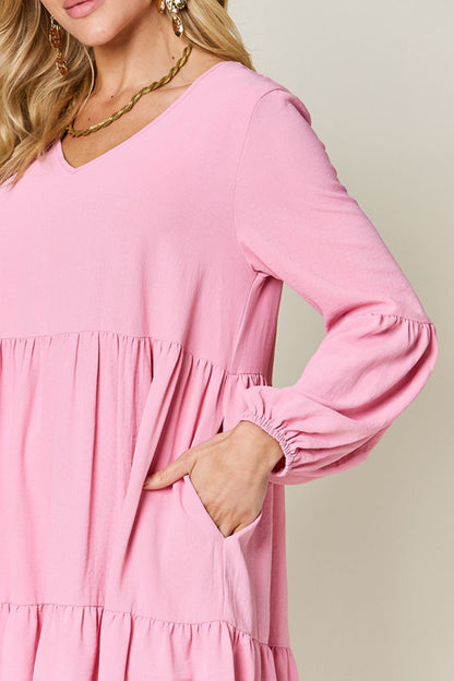 Hazel Blues® |  Double Take V-Neck Balloon Sleeve Tiered Dress with Pockets